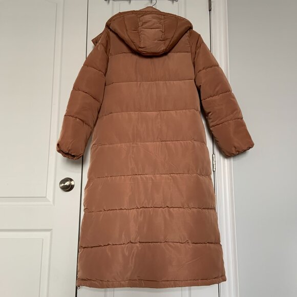 Women's Amazon Essentials Long Hooded Puffer Coat Camel Light Brown Size M - Picture 8 of 10
